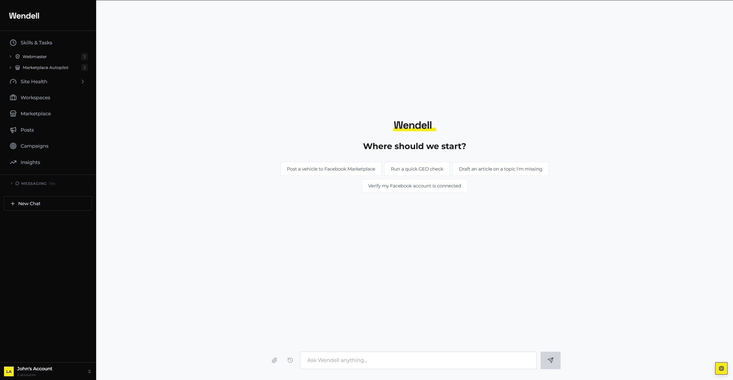 Wendell's chat interface showing the Skills and Tasks sidebar (Webmaster, Marketplace Autopilot, Site Health) and a new chat asking where to start